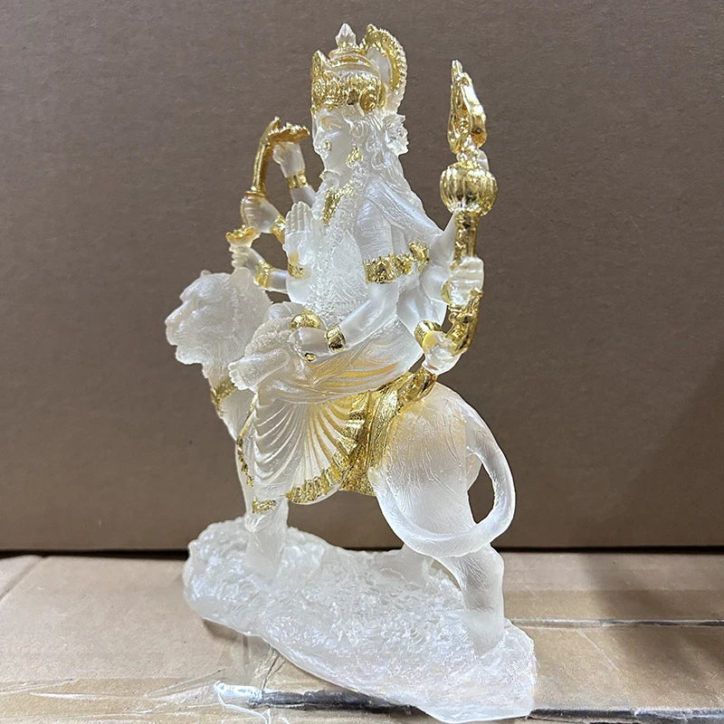 Indian Statue of Difficult To Approach Mother Durga Riding A Tiger and Lion Offering Resin Water Glass Ornament