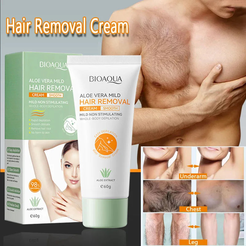 60g men/women aloe vera painless permanent hair removal cream, fast, thorough, gentle and smooth skin, hair removal care product