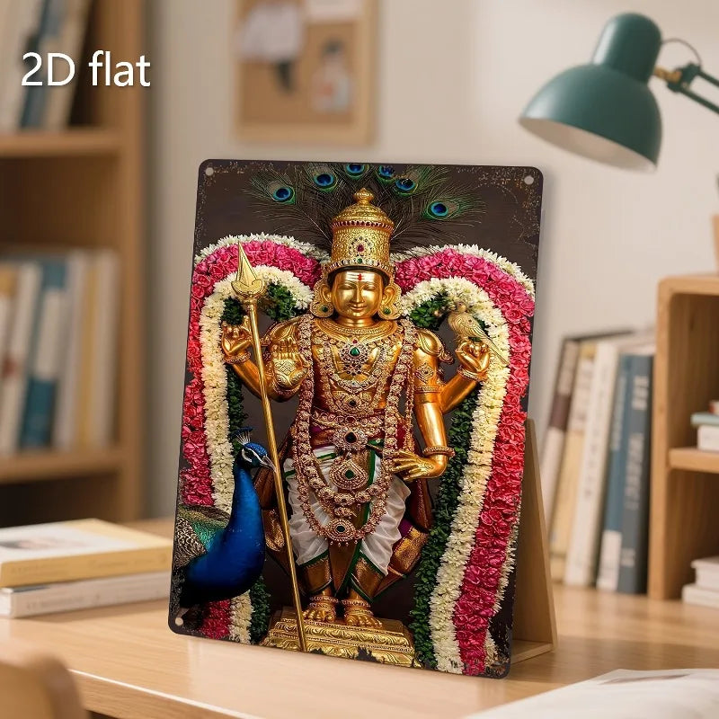 Vibrant Indian Deity Statue with Peacock, 2D Flat Metal Wall Art, Weather-Resistant Aluminum Decor for Home, Bar, 7.87x11.8 Inch
