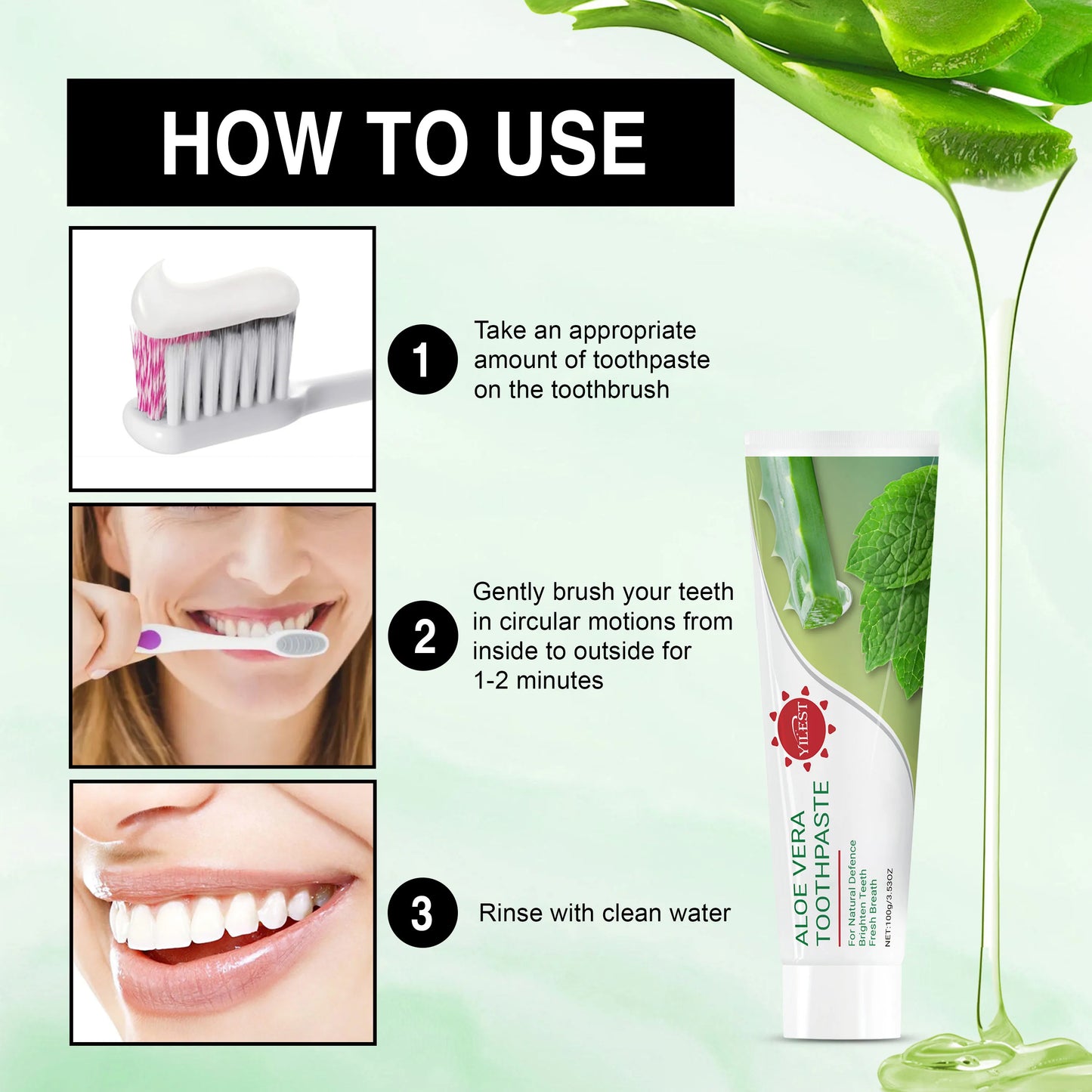 Aloe Vera Toothpaste 100g - Natural Mint Formula for Fresh Breath, Teeth Brightening & Gum Care, with Aloe & Peppermint Extract