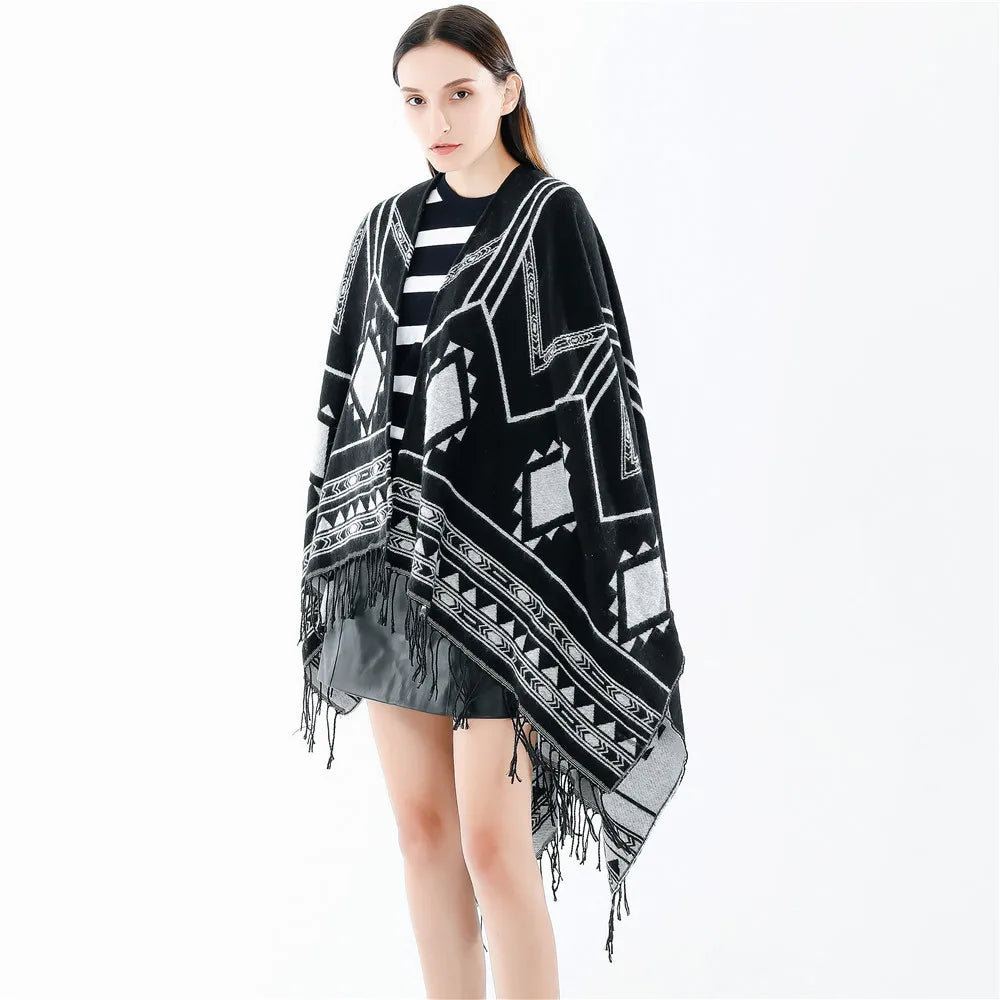 New Indian Nepalese Style Geometric Tassel Split Women Shawl Warm Air Conditioning Room Lady Cloak Poncho Capes Black Khaki