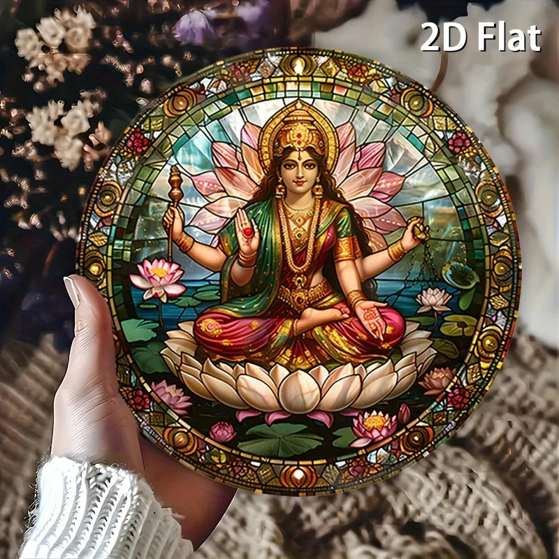 A statue of an Indian goddess sitting on a lotus throne sign,serene and sacred image,ideal spiritual space decoration,room décor