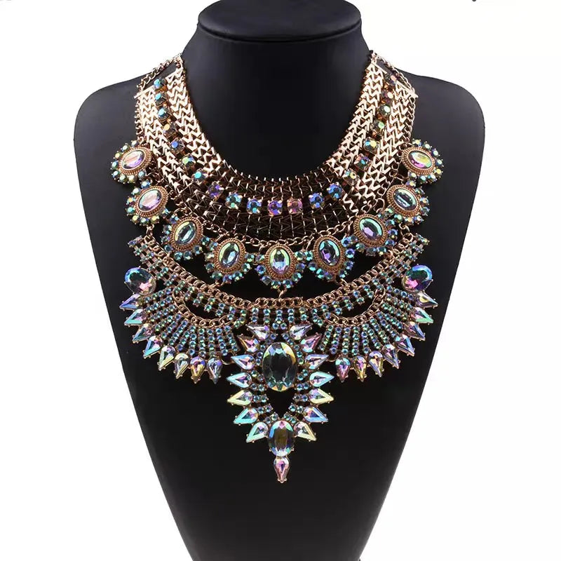 Indian Ethnic Statement Large Necklace Women Fashion Crystal Rhinestone Maxi Long Collar Big Bib Choker Necklace Boho Jewelry