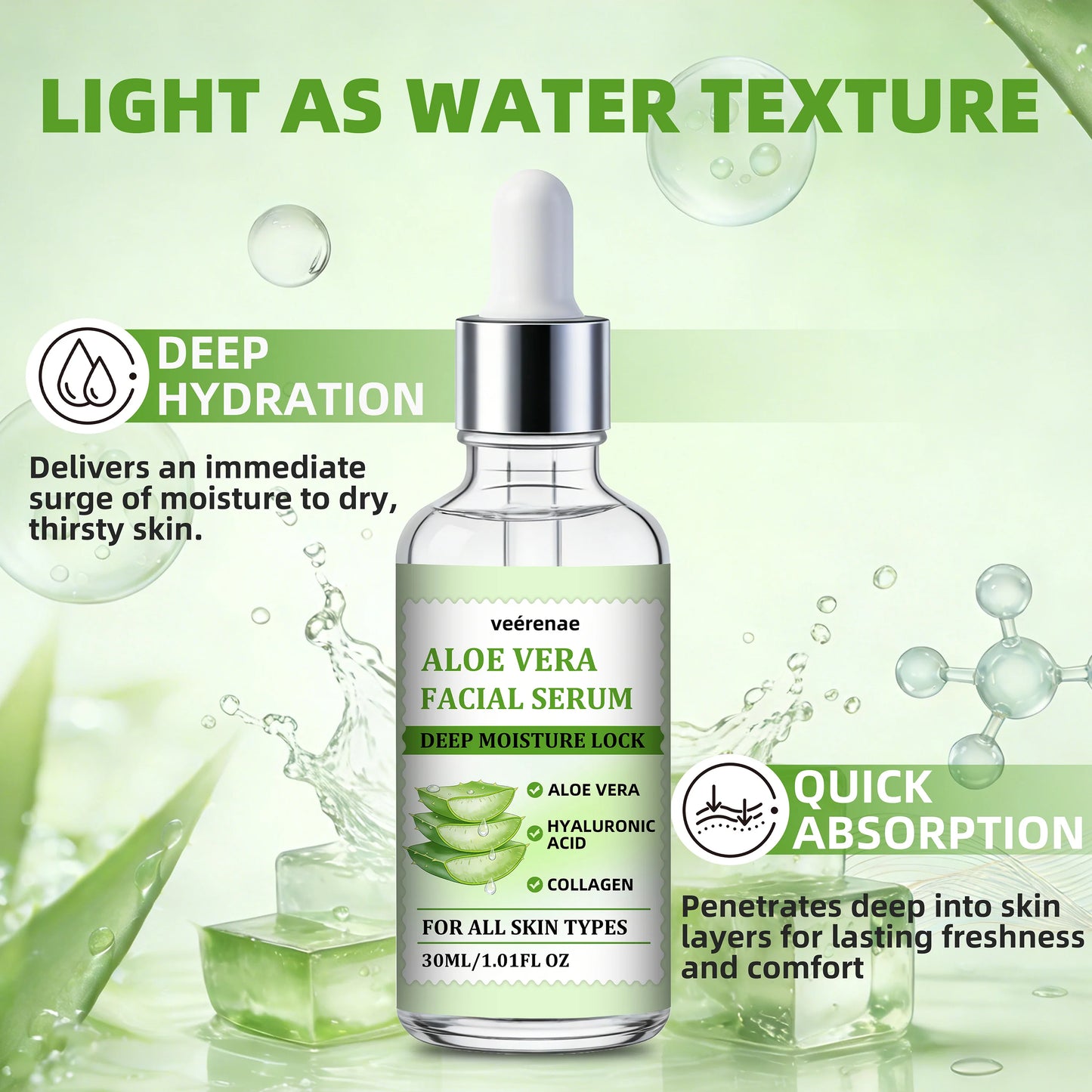 veérenae ALOE VERA FACIAL SERUM - Hydrating & Soothing, Oil‑Free, Quick‑Absorbing & Non‑Greasy, Perfect for Daily Skincare
