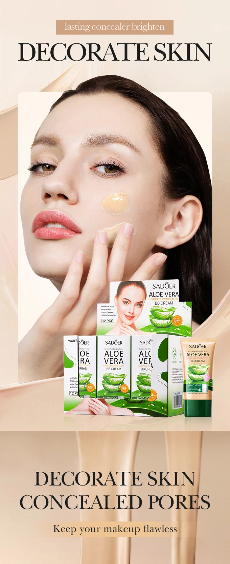 Aloe Vera BB Cream-Hydrating & Concealing Collagen Full Coverage Foundation Makeup,Long-Lasting,Lightweight Coverage Concealer