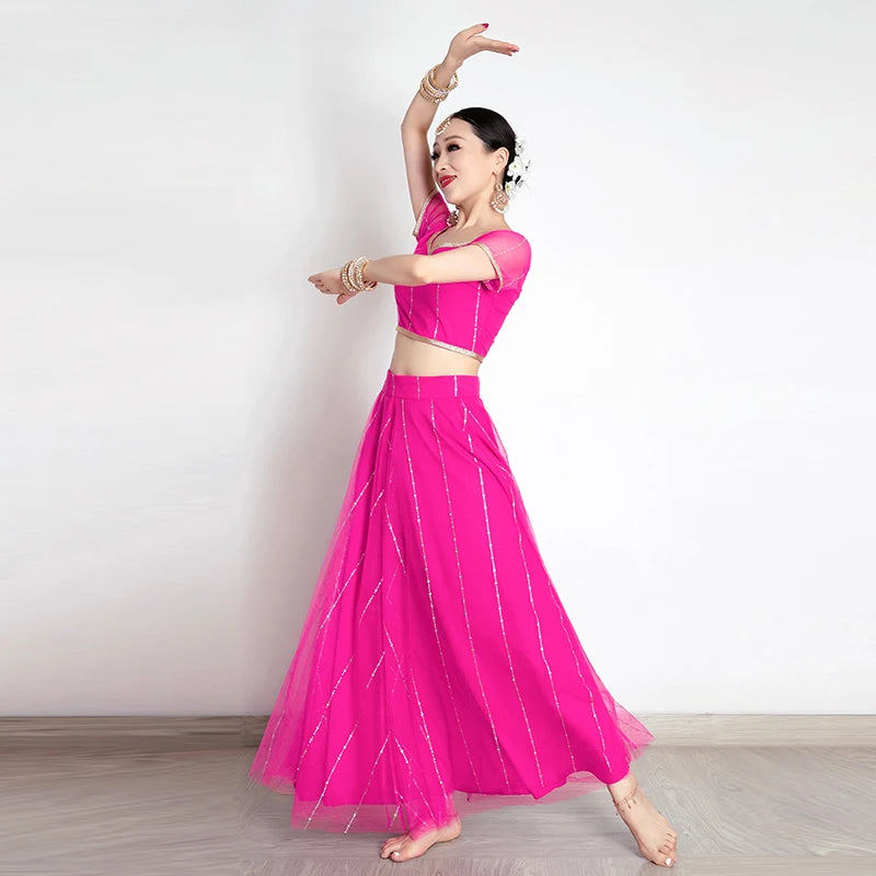 Exotic Indian Dance Costume Ethnic Style Women's Bollywood Belly Dance Dress Sari Top Large Swing Skirt Lengha Set